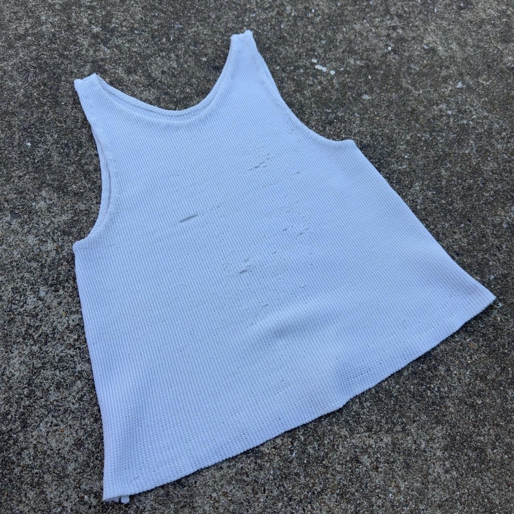 Vintage 60s Unbranded Thermal Waffle Knit Undershirt Distressed White S f9